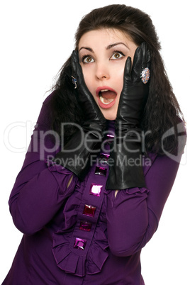 Portrait of frightened young woman. Isolated on white