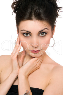 Closeup portrait of pretty brunette. Isolated