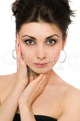 Closeup portrait of beautiful brunette. Isolated