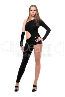 Sexy young woman in skintight black costume