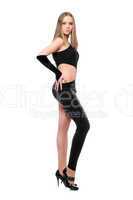 Beautiful young woman in skintight black costume