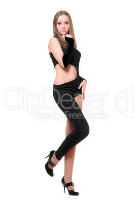 Playful young woman in skintight black costume