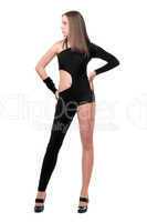 Pretty young woman in skintight black costume