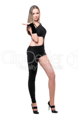 Sexy playful young woman in skintight black costume