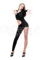 Smiling young woman in skintight black costume