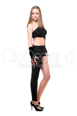 Beautiful playful young woman in skintight black costume