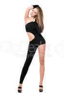 Leggy young woman in skintight black costume