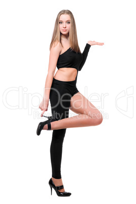 Lovely young woman in skintight black costume Lovely young woman in skintight black costume