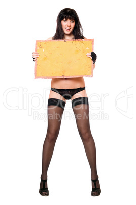 young brunette taking vintage yellow board