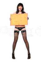 Surprised young brunette taking vintage yellow board