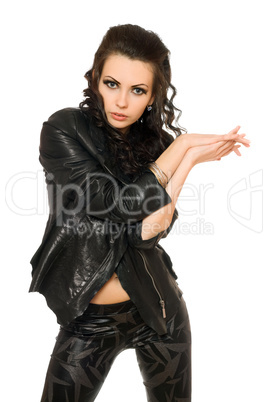 Portrait of playful beautiful woman in black clothes