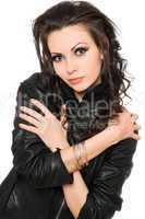 Portrait of perfect young brunette in black clothes