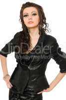Portrait of perfect young brunette in black clothes. Isolated