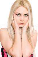 Closeup portrait of passionate young blonde. Isolated