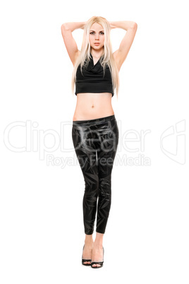 Sexy young blonde in black leggings