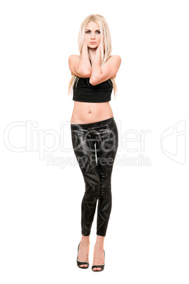 Lovely young blonde in black leggings