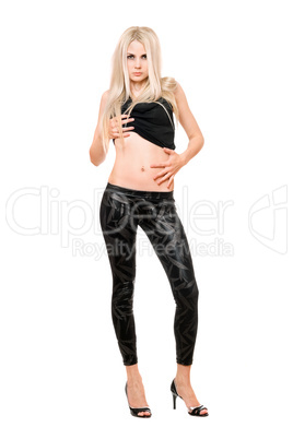 Seductive young blonde in black leggings