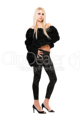 Perfect young blonde in black coat