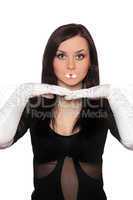 Attractive young brunette gesturing. Isolated