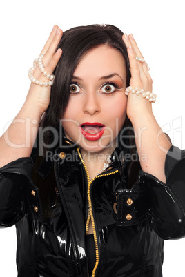 Shocked young woman in black jacket