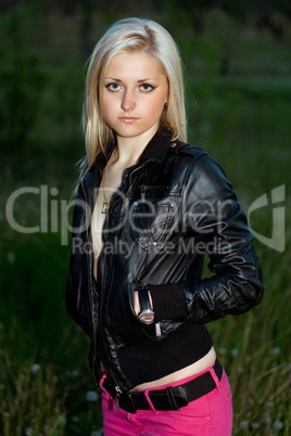 blonde in a black leather jacket