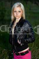 blonde in a black leather jacket