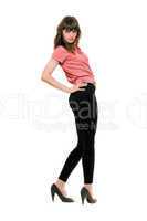 Young pretty woman in a black leggings. Isolated