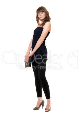 Stylish girl in a black leggings. Isolated