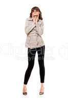 Pretty girl wearing a coat and black leggings. Isolated