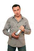 Man with a bottle of whiskey. Isolated