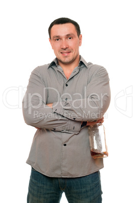 Smiling man with a bottle of whiskey