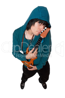 Bizarre young man with a little guitar