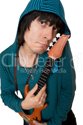 Bizarre young man with a little guitar. Isolated