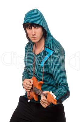 Bizarre man with a little guitar. Isolated