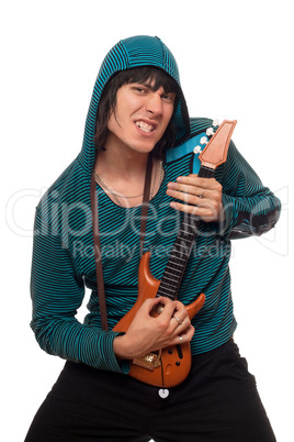 Crazy man with a little guitar. Isolated