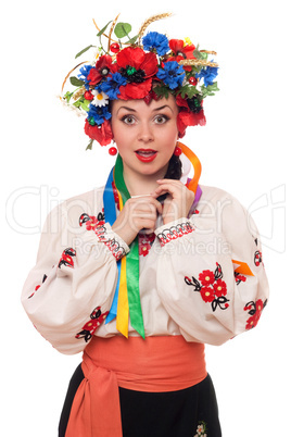 surprised woman in the Ukrainian national clothes