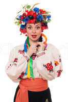 surprised woman in the Ukrainian national clothes