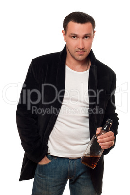 Man with a bottle of scotch. Isolated