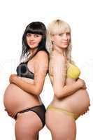 Pregnant blonde and brunette. Isolated on white