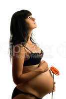 Pregnant young woman with flower. Isolated