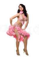 Pretty brunette in pink dancing dress. Isolated