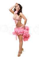Young brunette in pink dancing dress. Isolated
