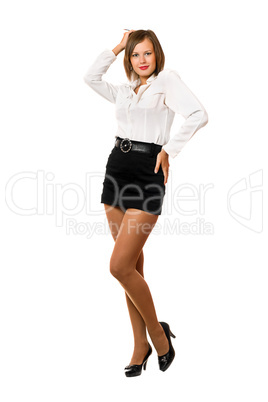 Smiling young woman in a black skirt