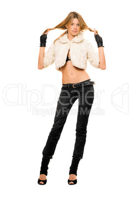 blonde in a fur coat and black jeans