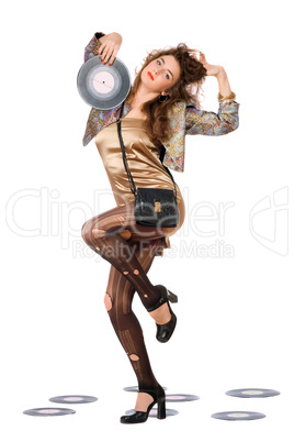 Expressive young woman with vinyl disc