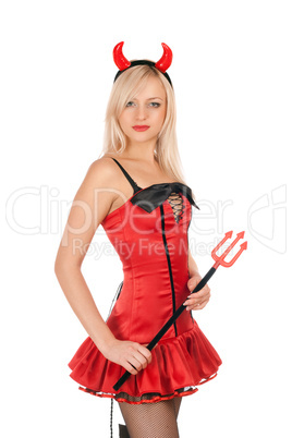 Pretty blonde is wearing a devil costume