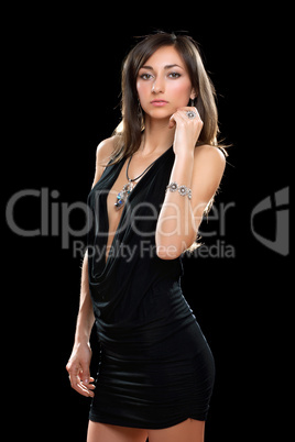 beautiful young brunette in black dress