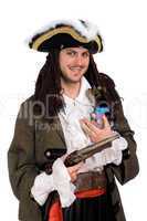 man in a pirate costume with small dog
