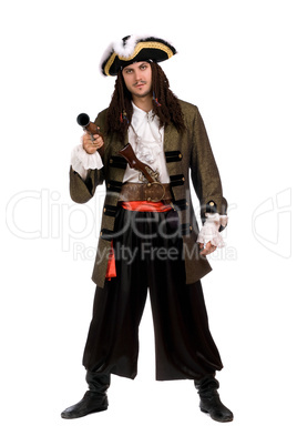 Young man in a pirate costume with pistol