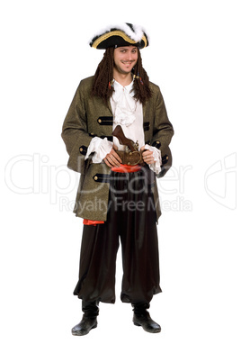 young man in a pirate costume with pistol